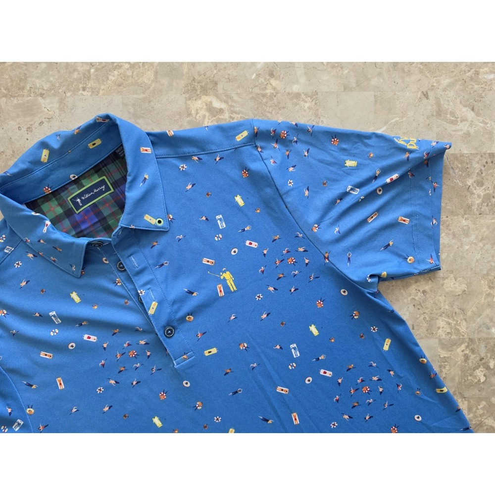 WILLIAM MURRAY Golf Polo Shirt Blue Pool Print‎ WILD DUNES Resort Men's Medium
